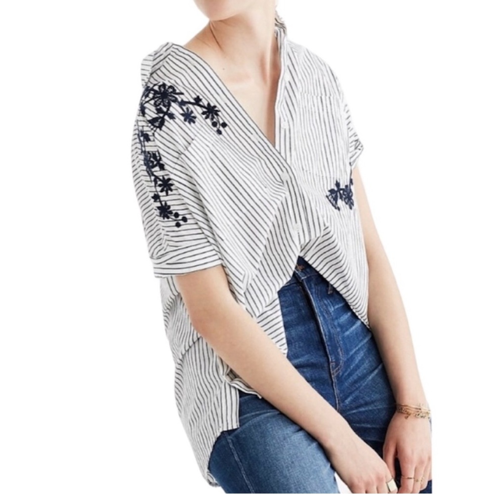 Madewell Embroidered Courier Side-Button Shirt L Blue Striped Embroidered Top